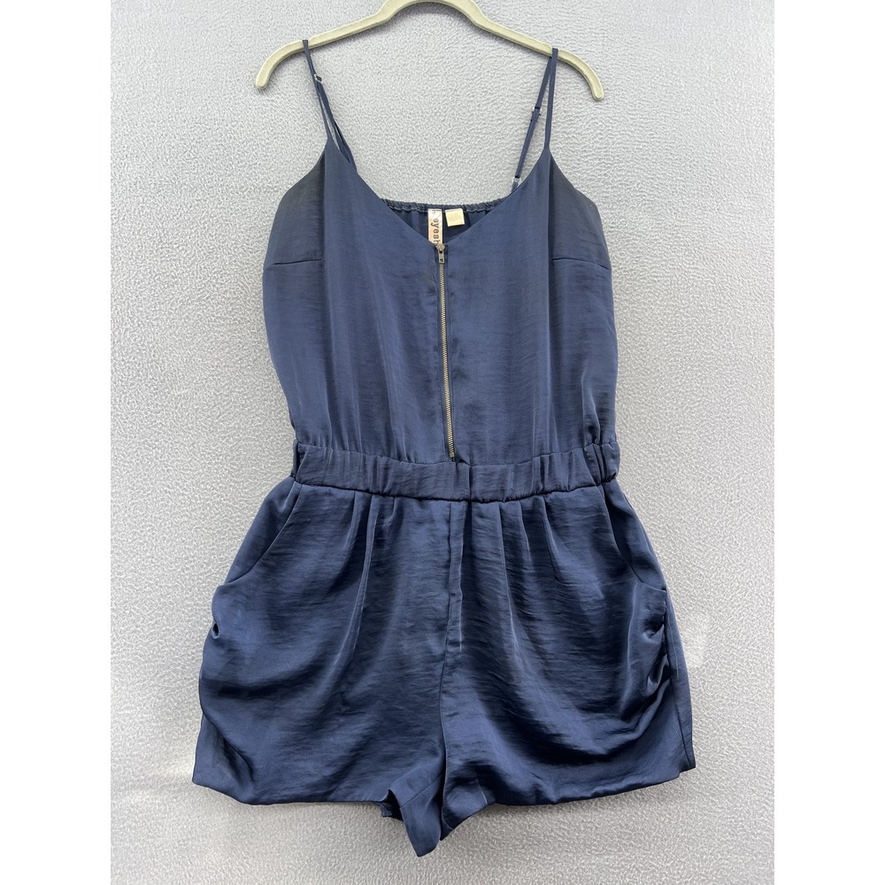 Eyeshadow Romper Sz M Navy Blue Satin Sleeveless Zip Front Pockets